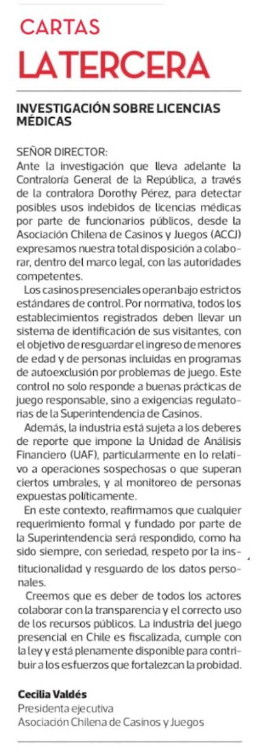 Creemos que es deber de todos los actores colaborar con la transparencia y el correcto uso de los recursos públicos. La industria del juego presencial en Chile es fiscalizada, cumple con la ley y está plenamente disponible para contribuir a los esfuerzos que fortalezcan la probidad.
