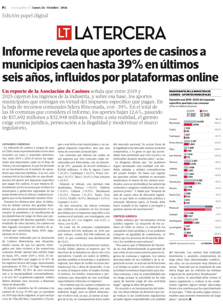 Informe ACCJ sobre caída de aportes de casinos a municipios entre 2019 y 2025